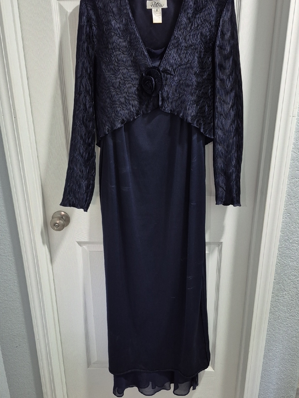 Patra Navy Maxi Dress with Textured Jacket and Rosette